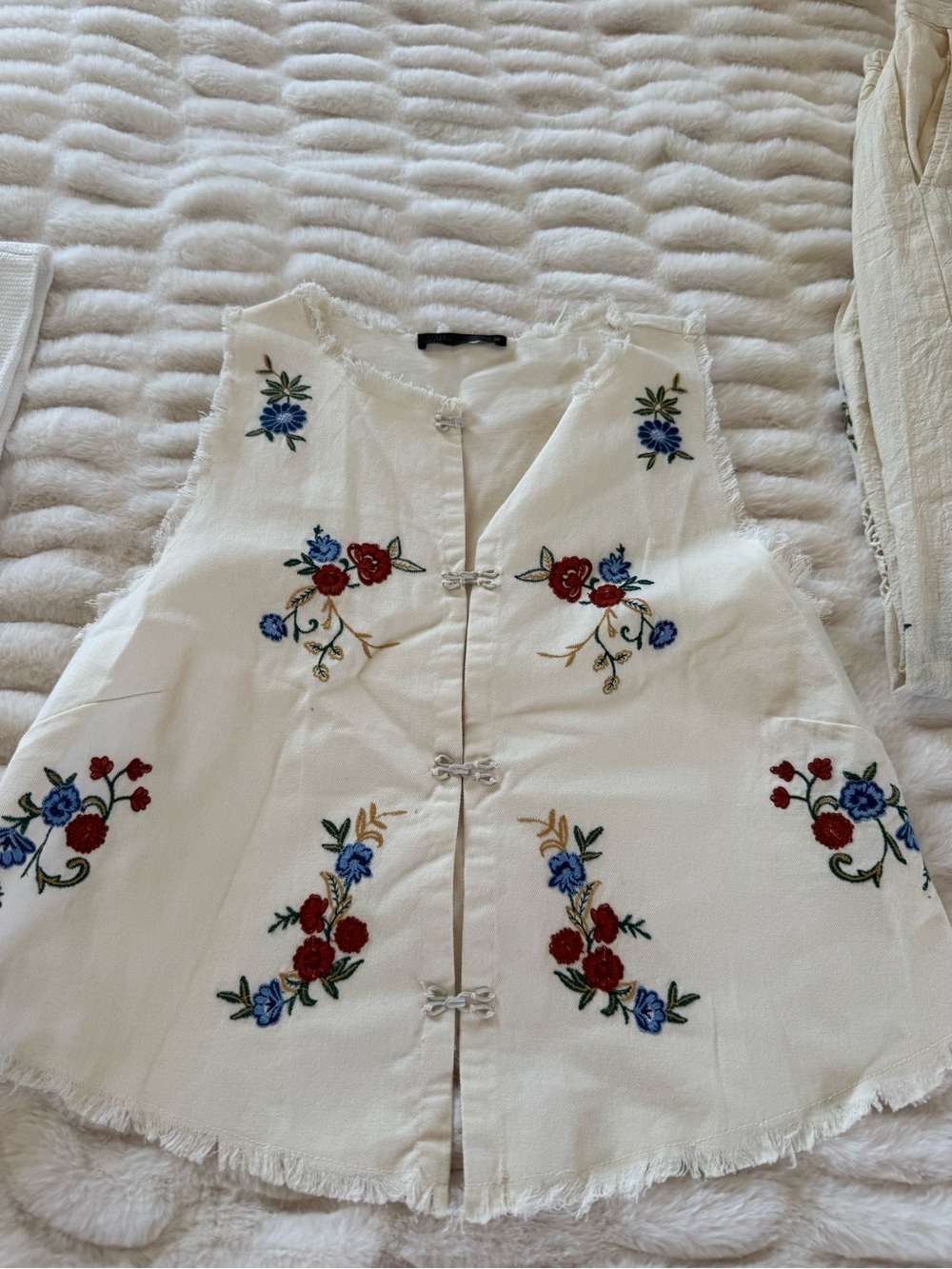 Zara Cream Embroidered Floral Vest with Red & Blue Accents